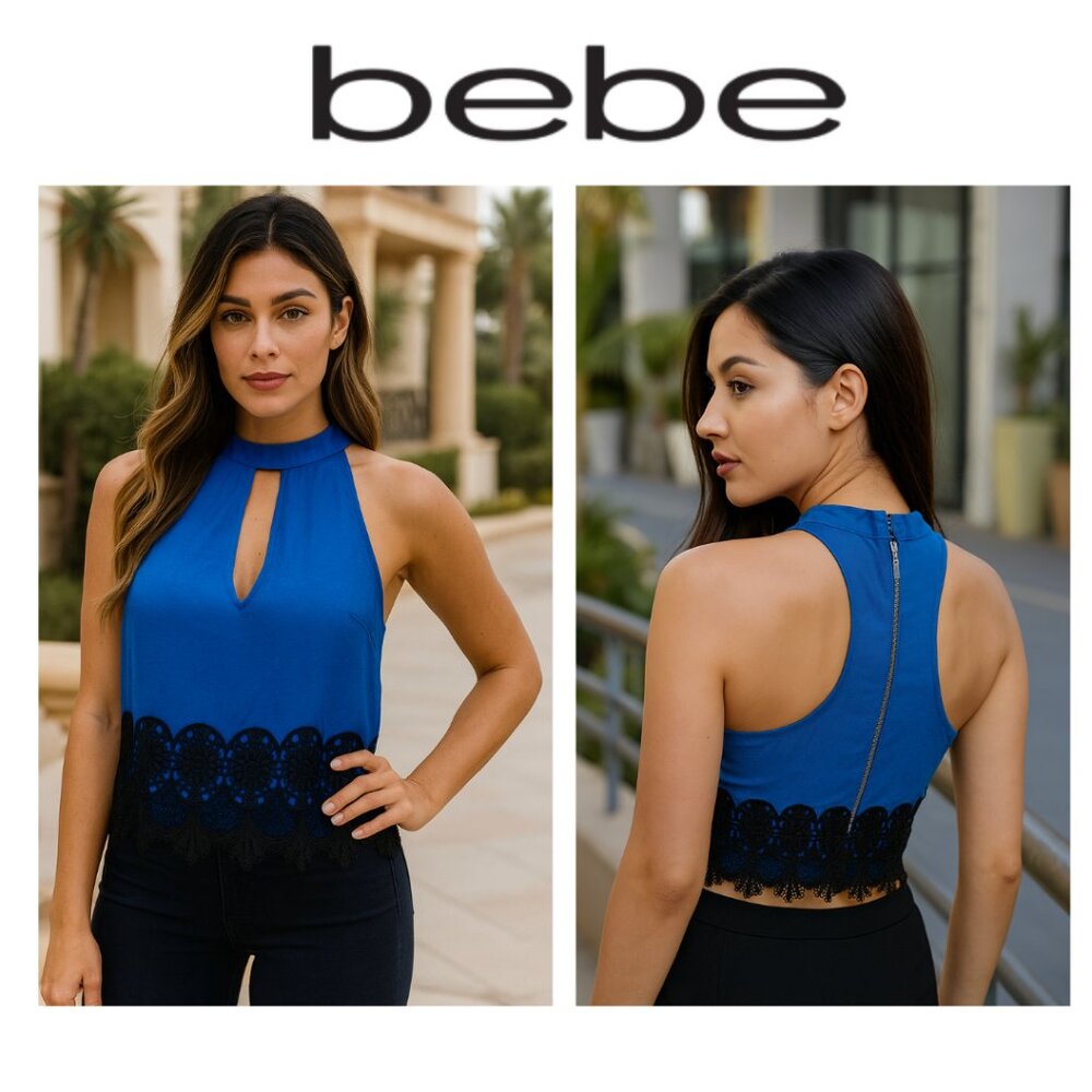 Bebe Keyhole Lace-Trim Halter Top